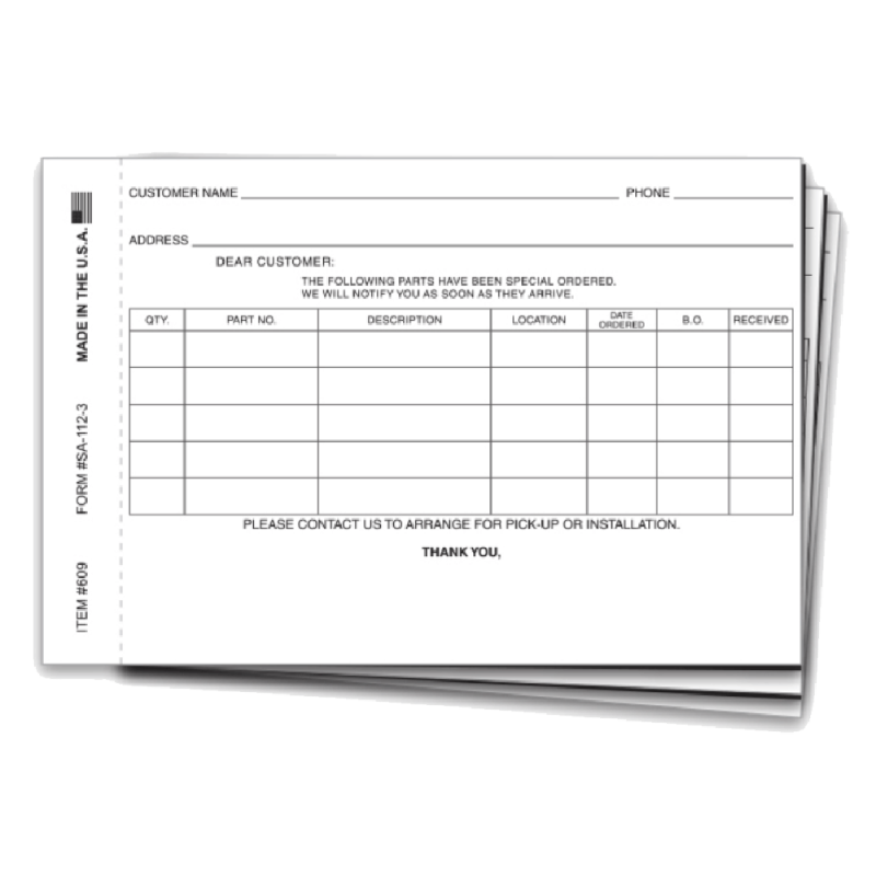 Specials Parts Order Forms-  SPO-112-3