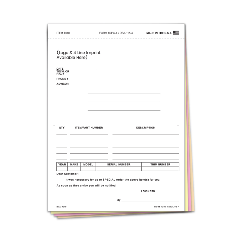 Special Parts Order Forms– SPO-4 Imprinted