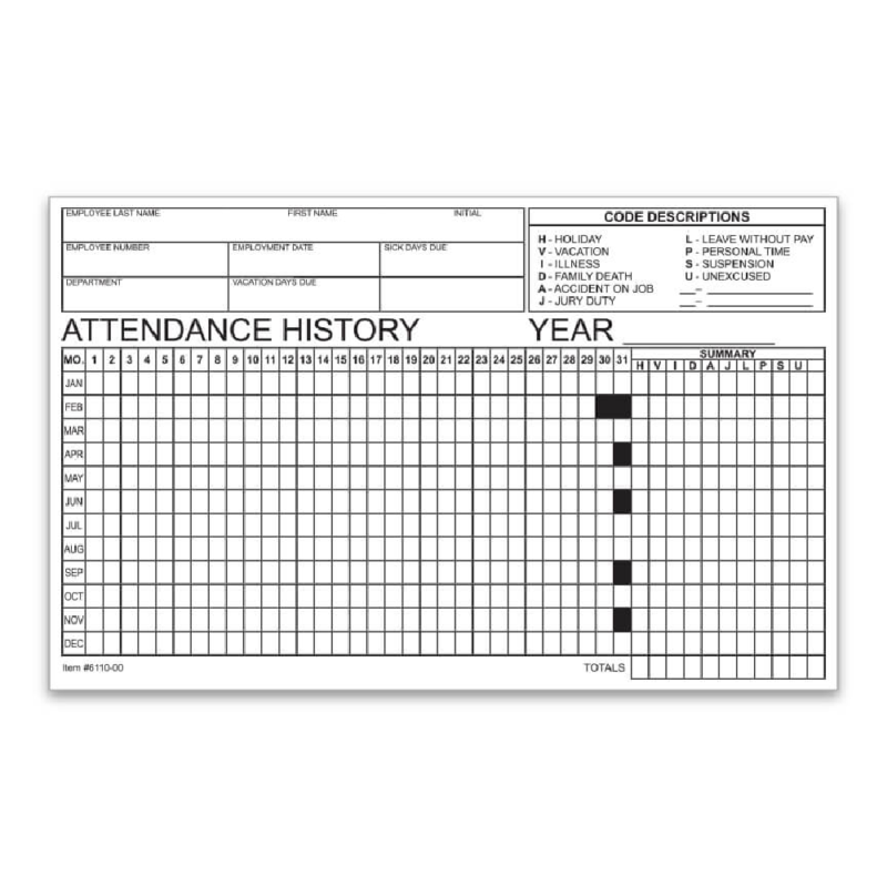 Employee Attendance Tracker Form - Qty Of 50
