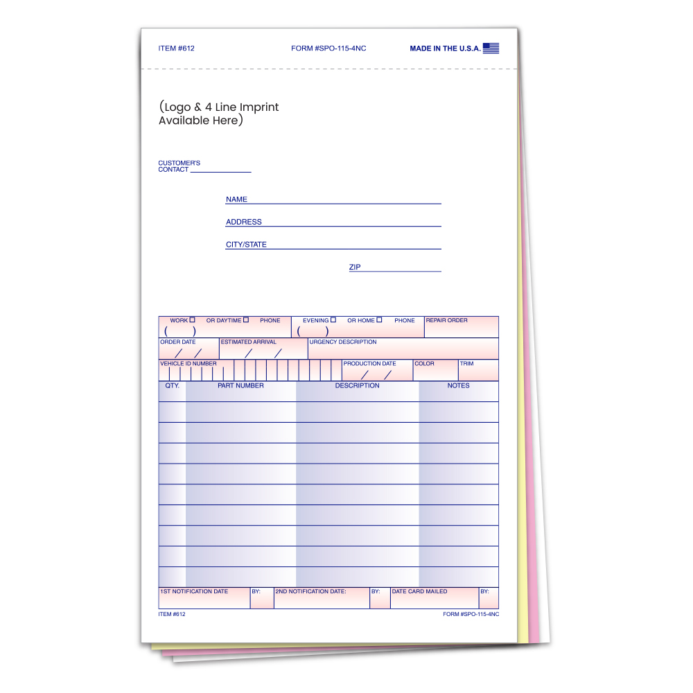 Special Parts Order Forms– SPO-115-4NC Imprinted