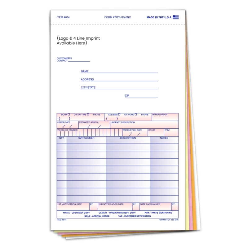 Special Parts Order Forms– TOY-115-5NC Imprinted