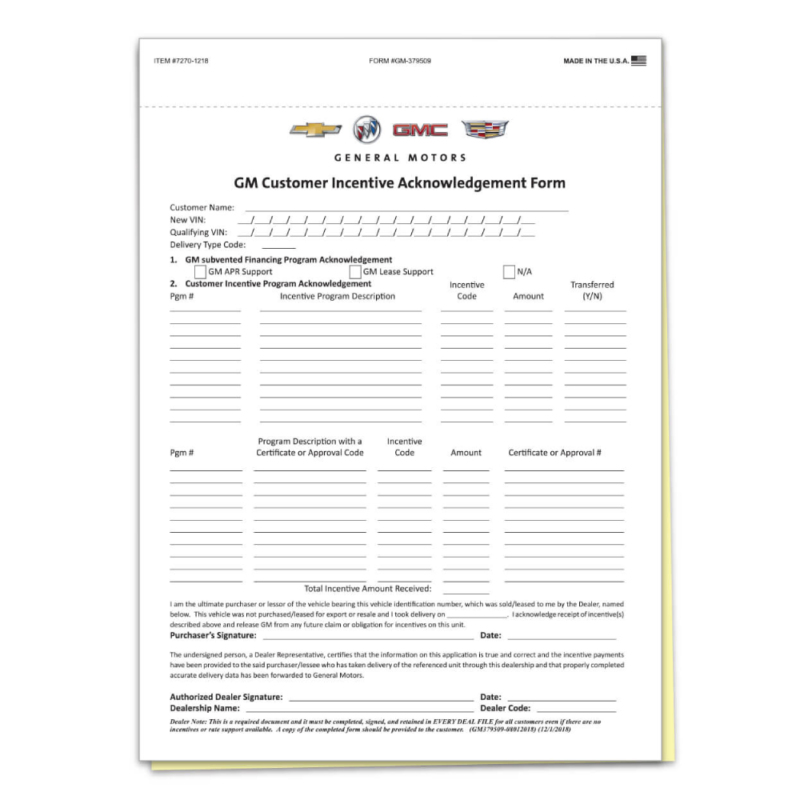 GM Cust. Incentive/OnStar Acknowledge Form – 2 Part – Qty. 100 ...