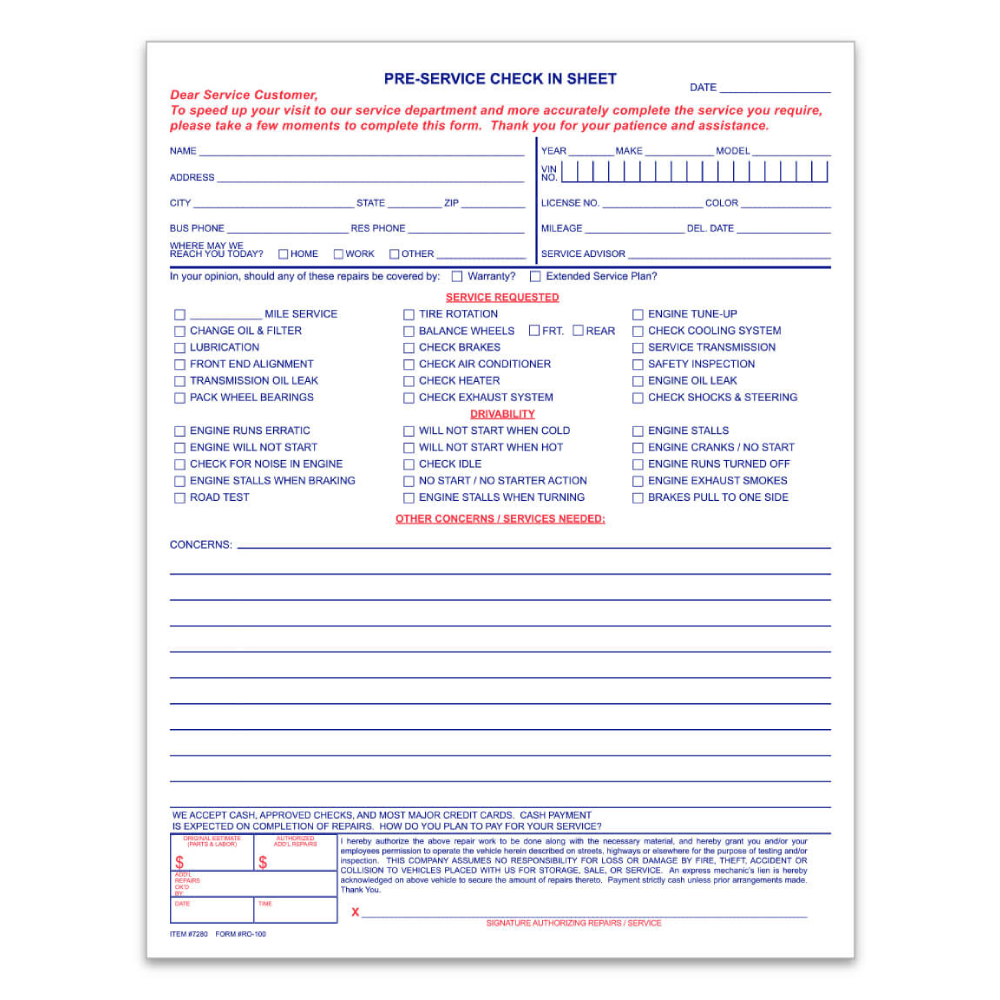 Pre-Service Check In (2 Pads of 50)