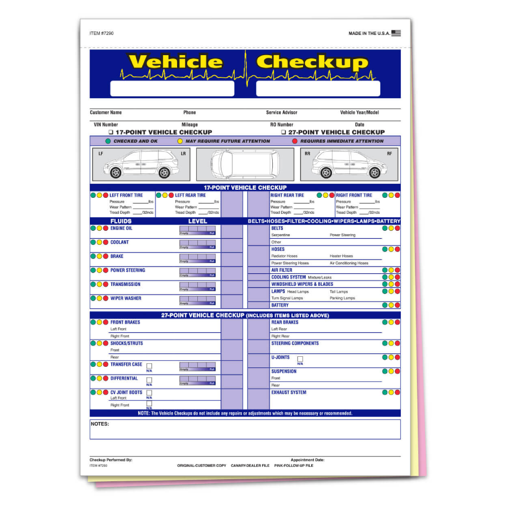 Vehicle Checkup/inspection Report - 3 Part - Qty. 250