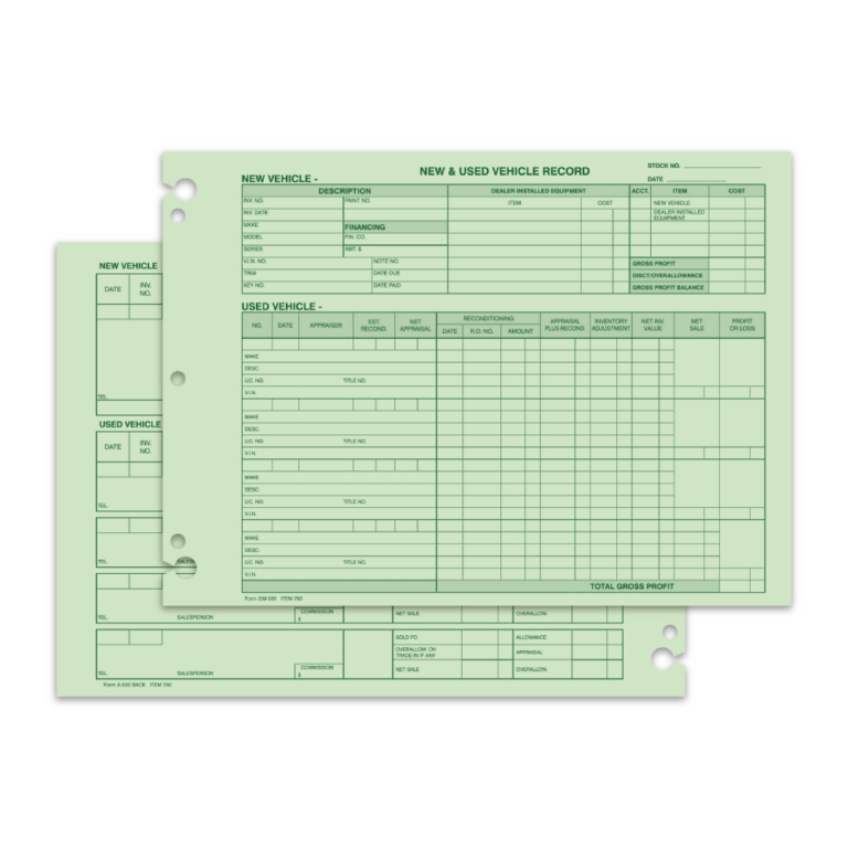 Vehicle Inventory Records- 2 Sided – Wholesale Auto Dealer Supplies