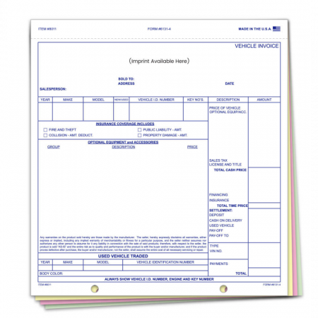 Universal Vehicle Invoice Imprinted/ 4 Part (Form 6131-4)