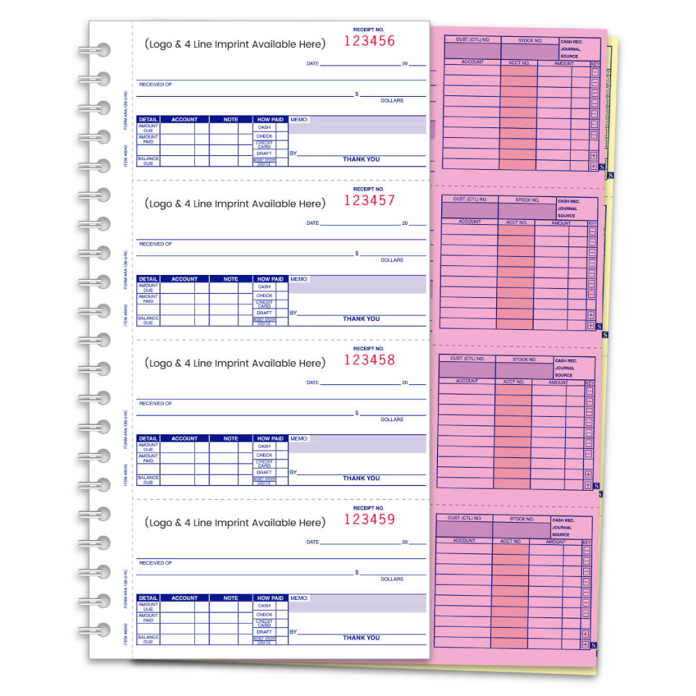 Books- Cash Receipt Books- AA-138NC-1S2L- 3 Part Imprinted