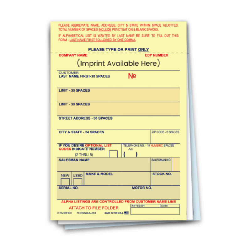 Vehicle Deal Labels - AA-168 - 3 Part - IMPRINTED - Qty. 1 each