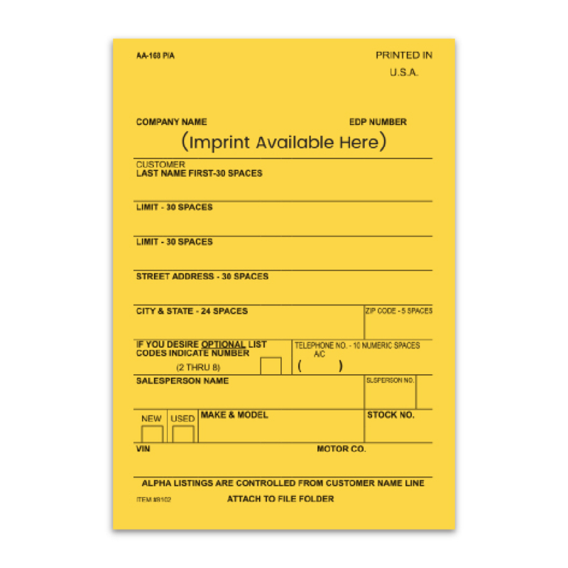 Vehicle Deal Labels - AA-168 P/A - 1 Part - IMPRINTED - Qty. 1 each