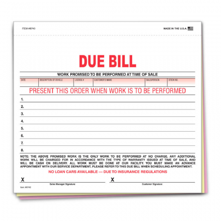 Due Bill Plain/ 3 Part