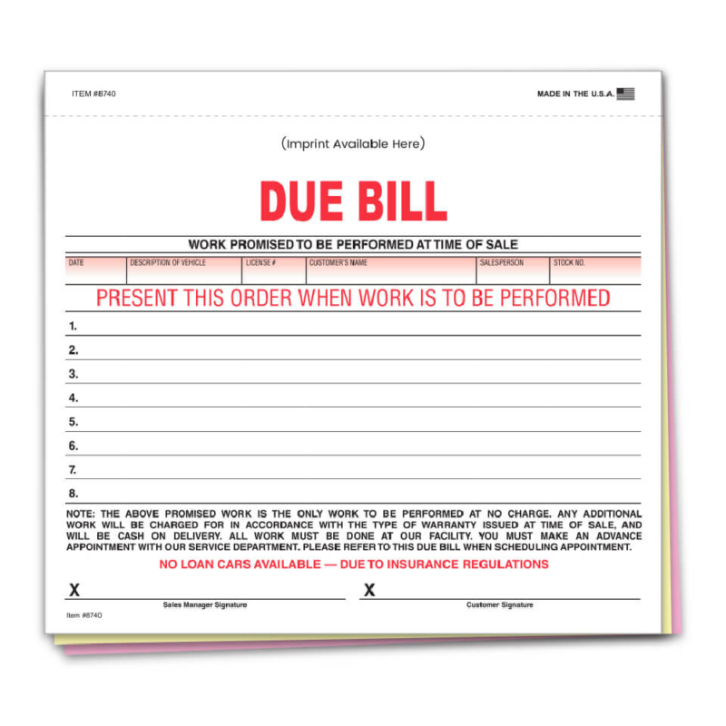 Due Bill Imprinted/ 3 Part