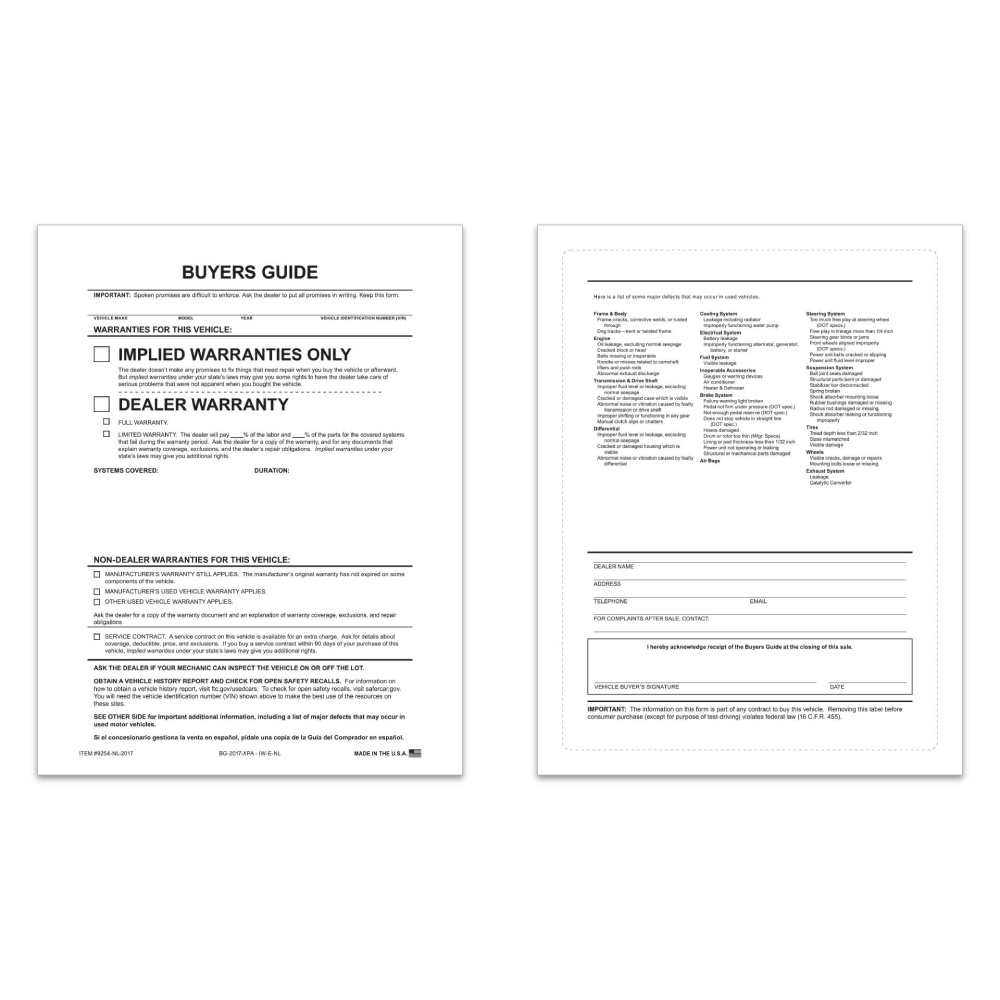 Buyers Guide- Exterior Implied Warranty- P/A- No Lines - Peel N Seal