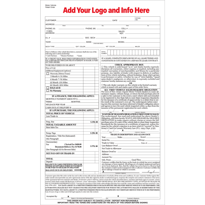 NCR Form– Bill of Sales Imprinted
